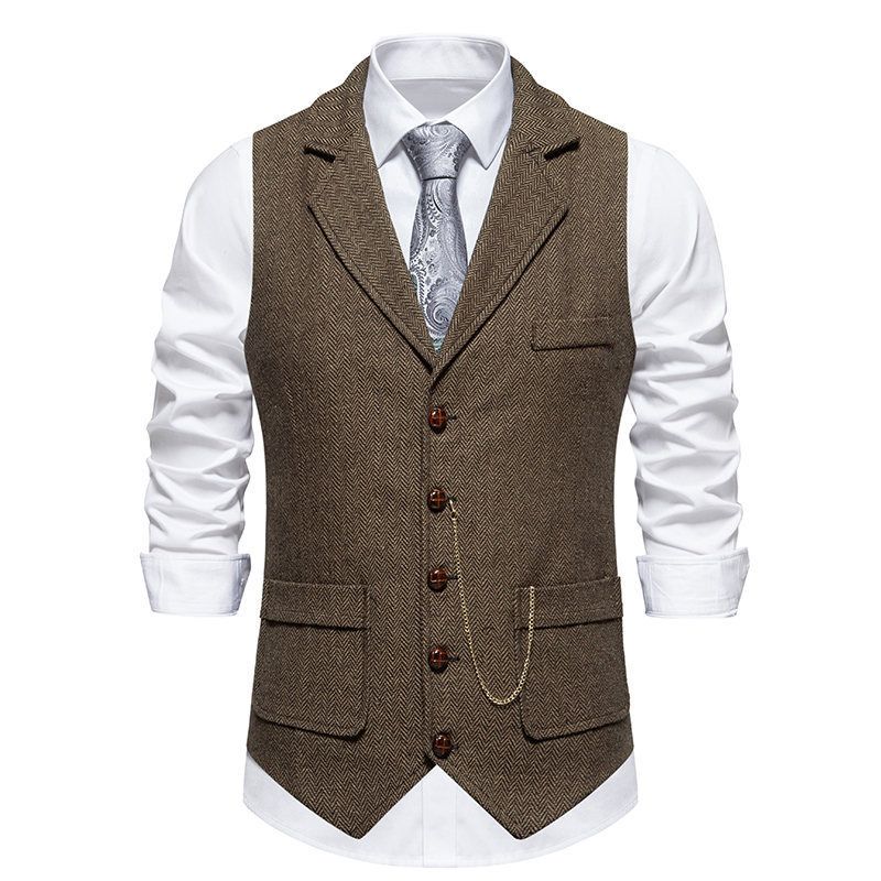 Men's Retro Lapel Chain Vest Fashion Herringbone Coarse Tweed Pockets Suit Vest Casual Vintage Gentleman Leisure Party Business Banquet Wedding