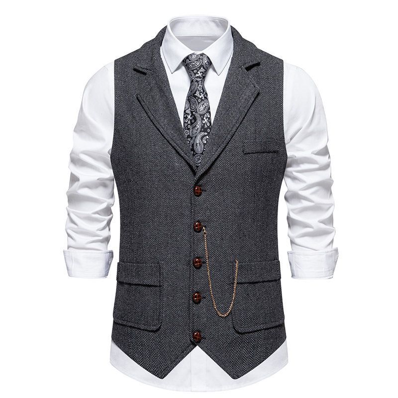 Men's Retro Lapel Chain Vest Fashion Herringbone Coarse Tweed Pockets Suit Vest Casual Vintage Gentleman Leisure Party Business Banquet Wedding