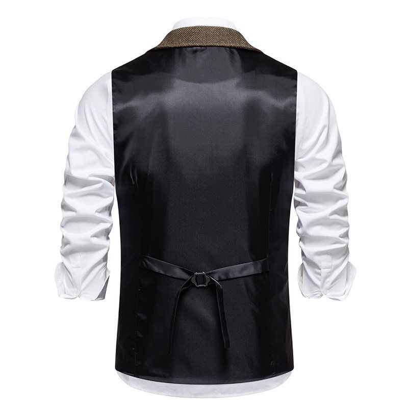 Men's Retro Lapel Chain Vest Fashion Herringbone Coarse Tweed Pockets Suit Vest Casual Vintage Gentleman Leisure Party Business Banquet Wedding