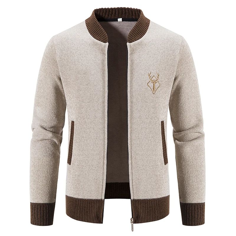 Men's Deer Print Knitted Sweater Fit Slim Cardigan Men's Casual Embroidered Zipper Jacket Coat Baseball Jumper Y2K Sweatshirts Male Trench Coat