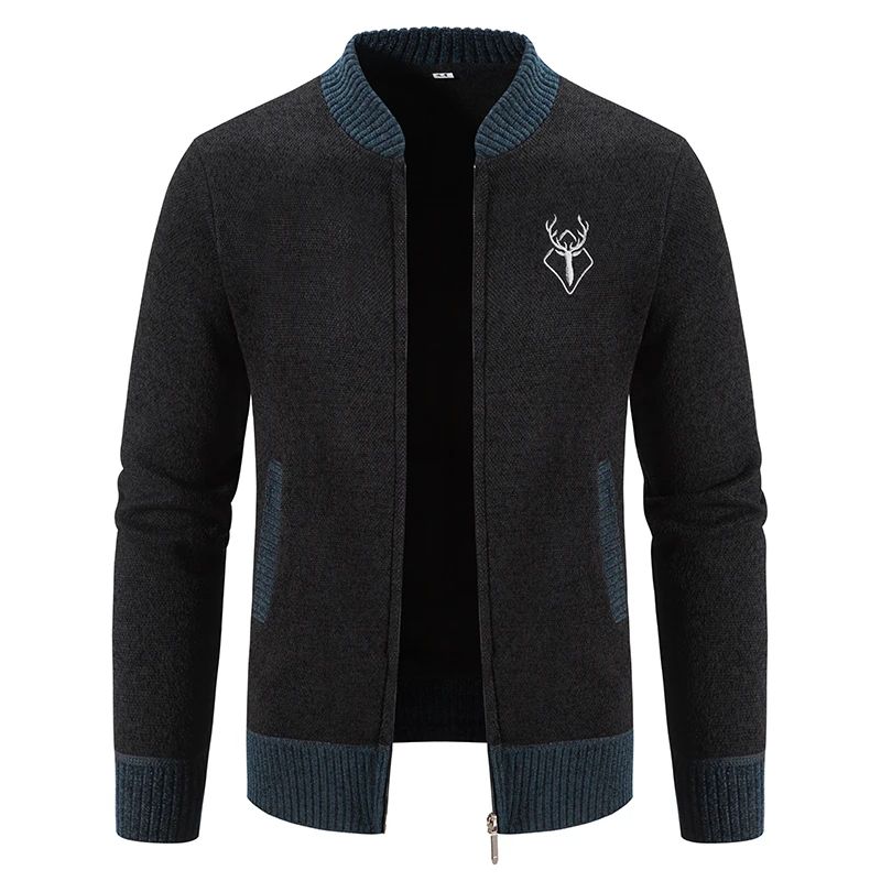 Men's Deer Print Knitted Sweater Fit Slim Cardigan Men's Casual Embroidered Zipper Jacket Coat Baseball Jumper Y2K Sweatshirts Male Trench Coat