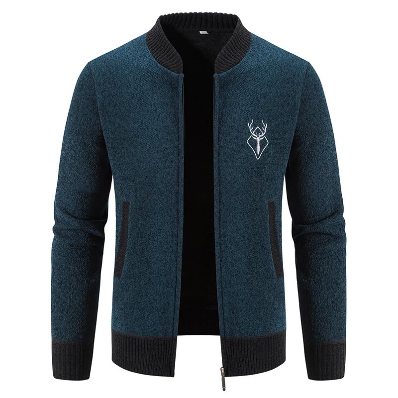 Men's Deer Print Knitted Sweater Fit Slim Cardigan Men's Casual Embroidered Zipper Jacket Coat Baseball Jumper Y2K Sweatshirts Male Trench Coat