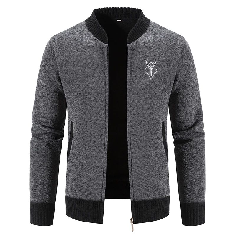 Men's Deer Print Knitted Sweater Fit Slim Cardigan Men's Casual Embroidered Zipper Jacket Coat Baseball Jumper Y2K Sweatshirts Male Trench Coat