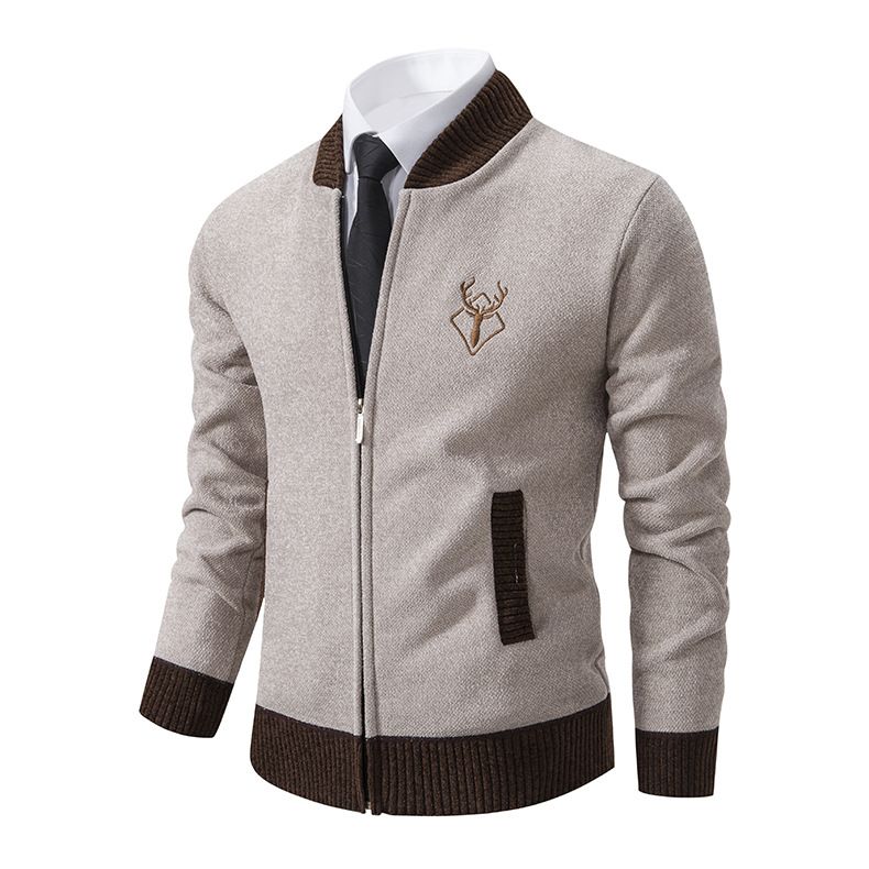 Men's Deer Print Knitted Sweater Fit Slim Cardigan Men's Casual Embroidered Zipper Jacket Coat Baseball Jumper Y2K Sweatshirts Male Trench Coat