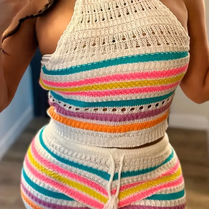 Y2K Style Women's Striped Pantsuit Crop Top Hollow Detail Knit Sleeveless Halter Top Shorts Set Sexy Skinny Outfits