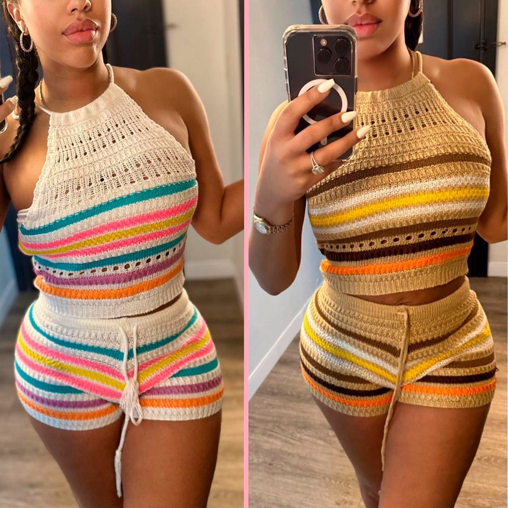 Y2K Style Women's Striped Pantsuit Crop Top Hollow Detail Knit Sleeveless Halter Top Shorts Set Sexy Skinny Outfits