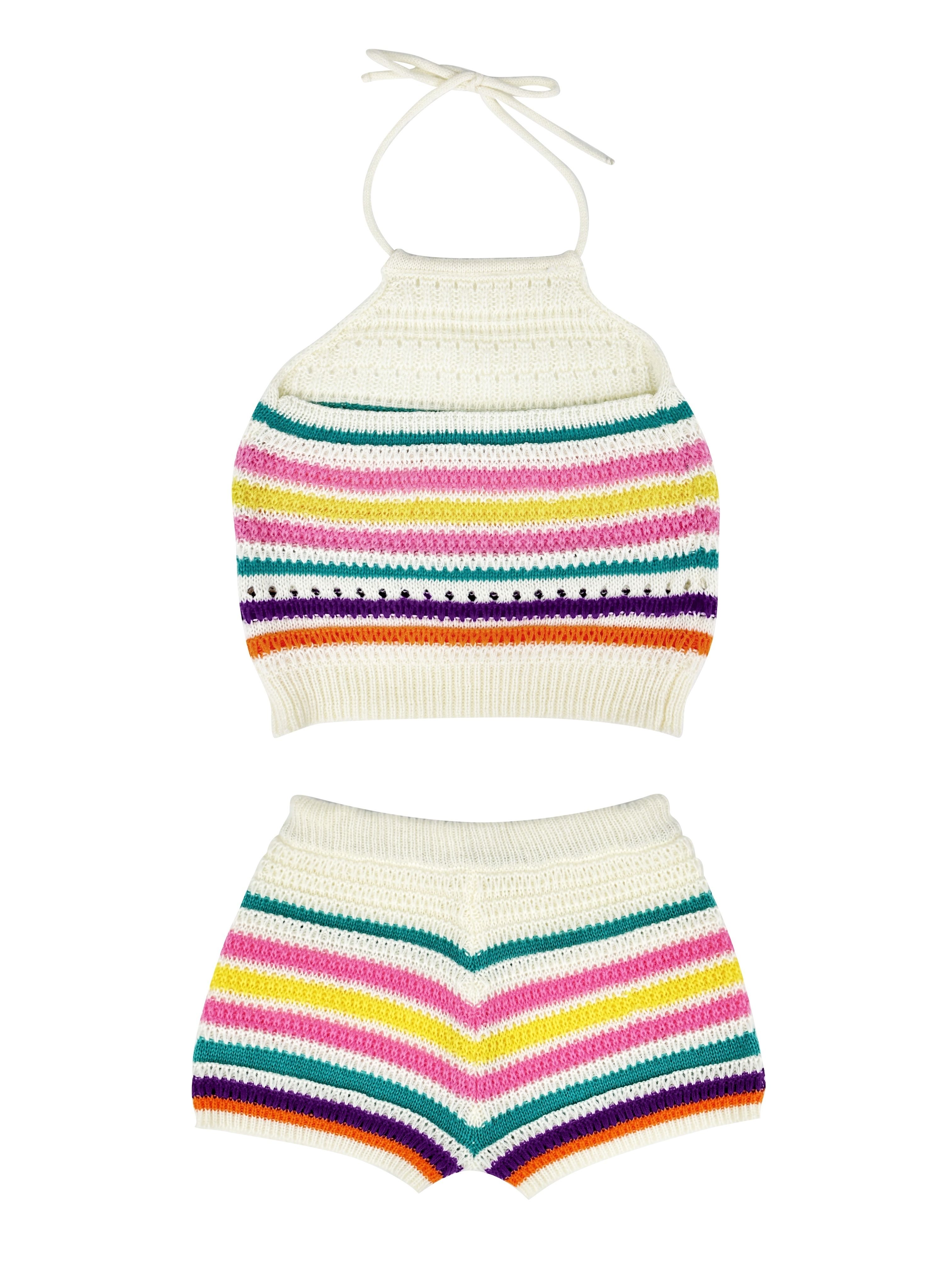 Y2K Style Women's Striped Pantsuit Crop Top Hollow Detail Knit Sleeveless Halter Top Shorts Set Sexy Skinny Outfits