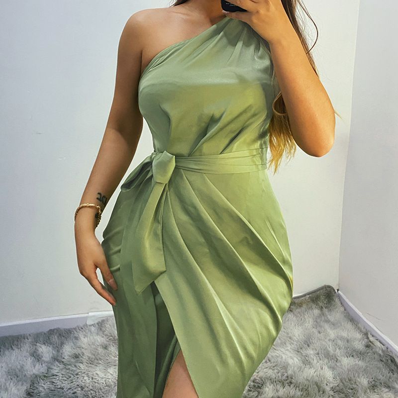 Summer Dresses Women Sexy One Shoulder Satin Asymmetrical Ruched Midi Evening Party Prom Dress Gown Bandage Plus Size Dress