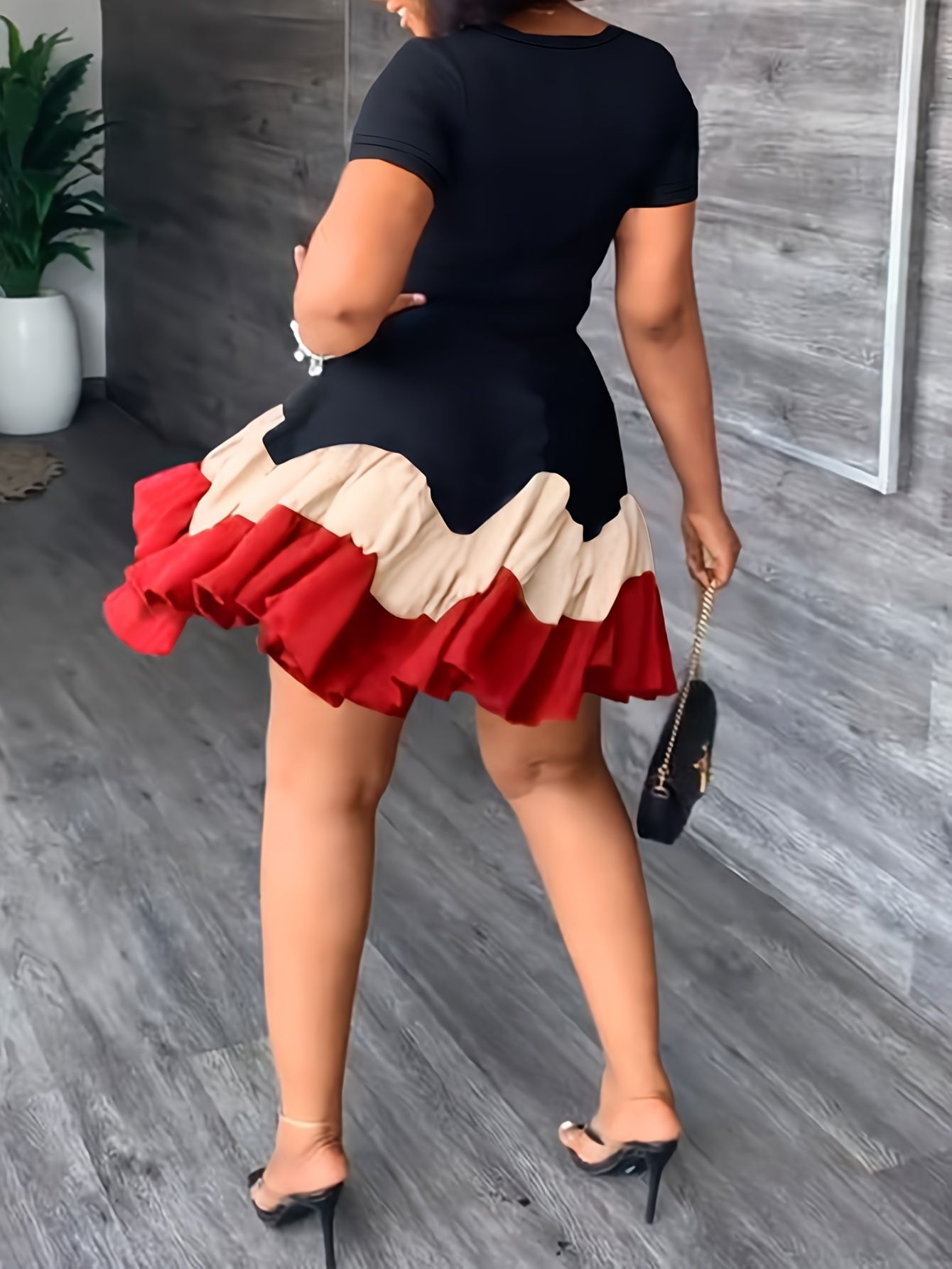 Color Block Pleated Dress Elegant Crew Neck Short Sleeve Summer Dress Women's Y2K Mini Dress Big Swing Ball Gown Mini Dress