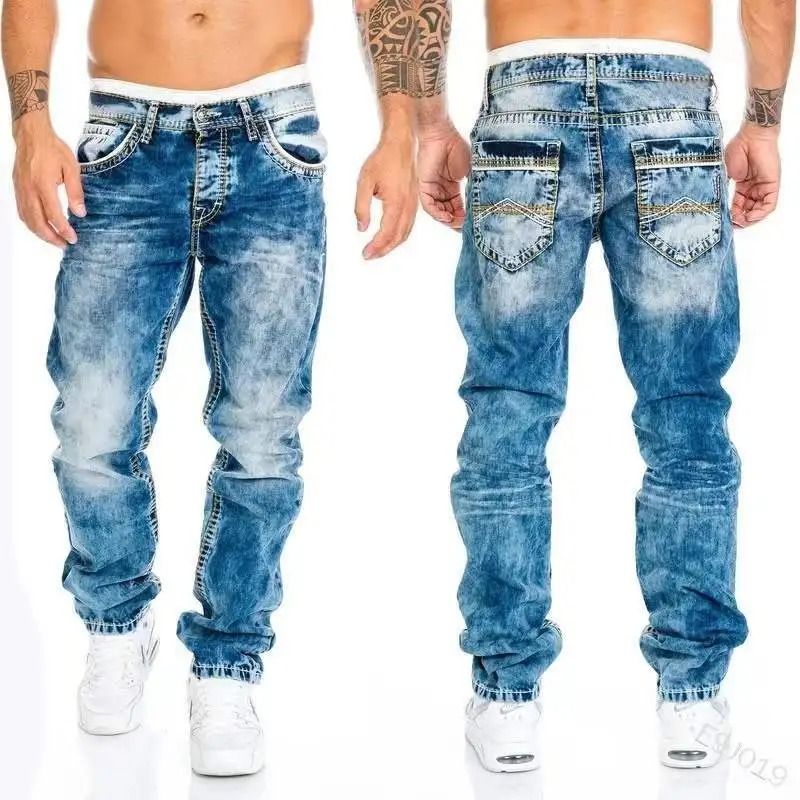 Men's Jeans Straight Stretch Slim Jean Casual Denim Trousers Baggy Jeans Vintage Wash Denim Pants