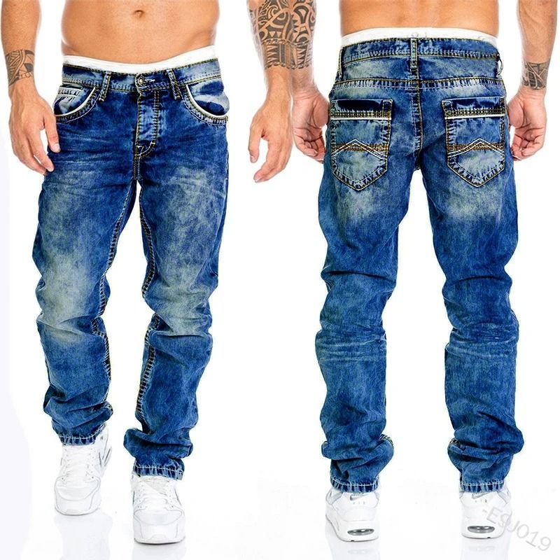 Men's Jeans Straight Stretch Slim Jean Casual Denim Trousers Baggy Jeans Vintage Wash Denim Pants