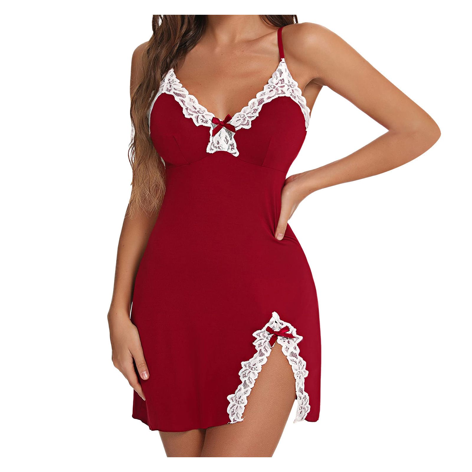 Sexy Contrast Lace Slip Nightdress V Neck Backless Split Sleep Dress Nightgown Split Hem Soft Lingerie Night Dress
