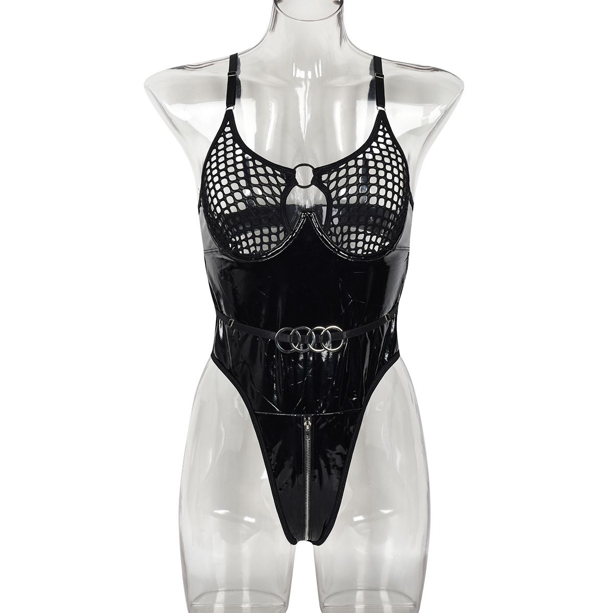 Erotic Bodysuit One Piece PU Body Lingerie Women See Through Mesh Push Up Bra Sexy Intimate Underwear Exotic Costume