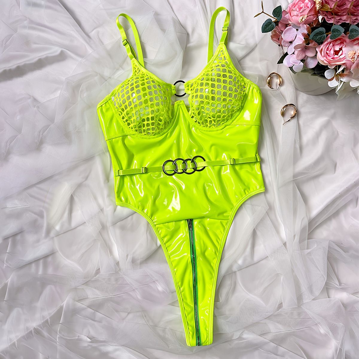 Erotic Bodysuit One Piece PU Body Lingerie Women See Through Mesh Push Up Bra Sexy Intimate Underwear Exotic Costume