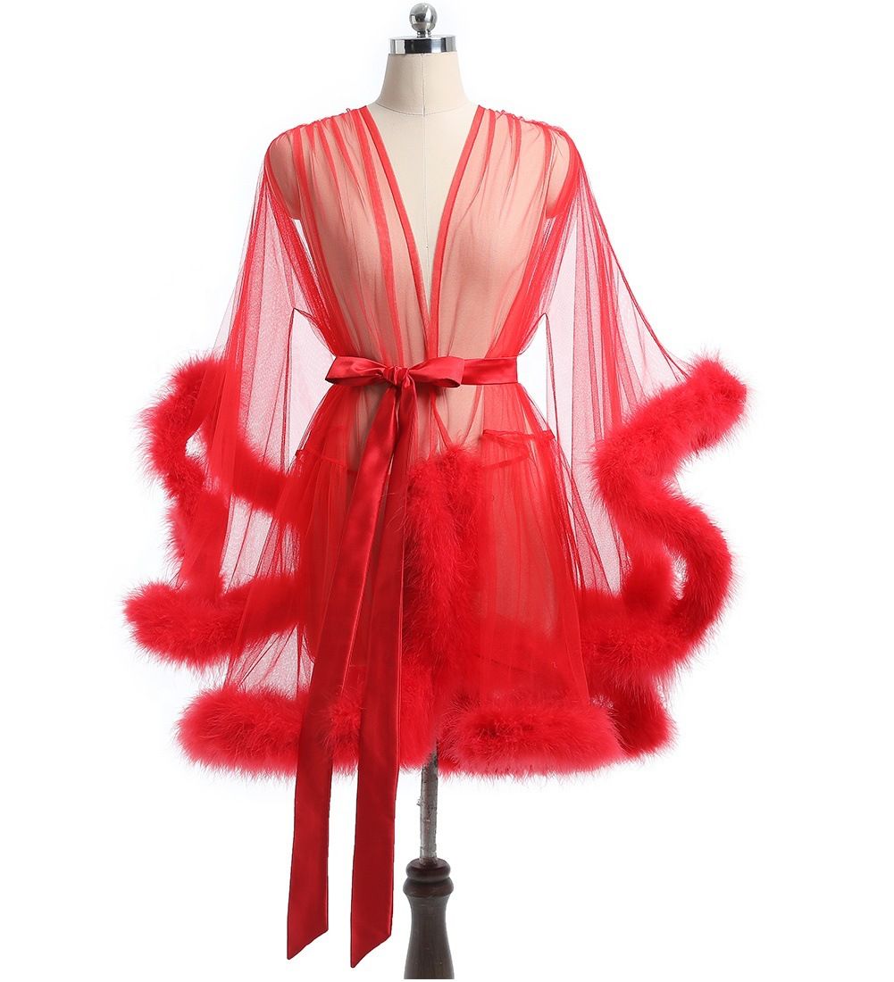 Short Feather Robe Dressing Gown Bridal Boudoir Sheer Tulle Long Sleeve Plush Spliced Thin Lingerie Women Lace Up Erotic Midi Long Sexy Robes