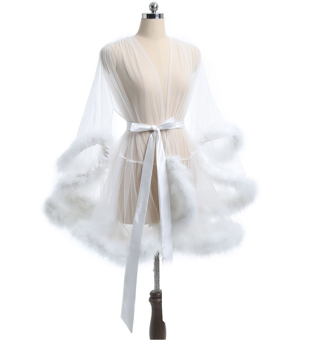 Short Feather Robe Dressing Gown Bridal Boudoir Sheer Tulle Long Sleeve Plush Spliced Thin Lingerie Women Lace Up Erotic Midi Long Sexy Robes