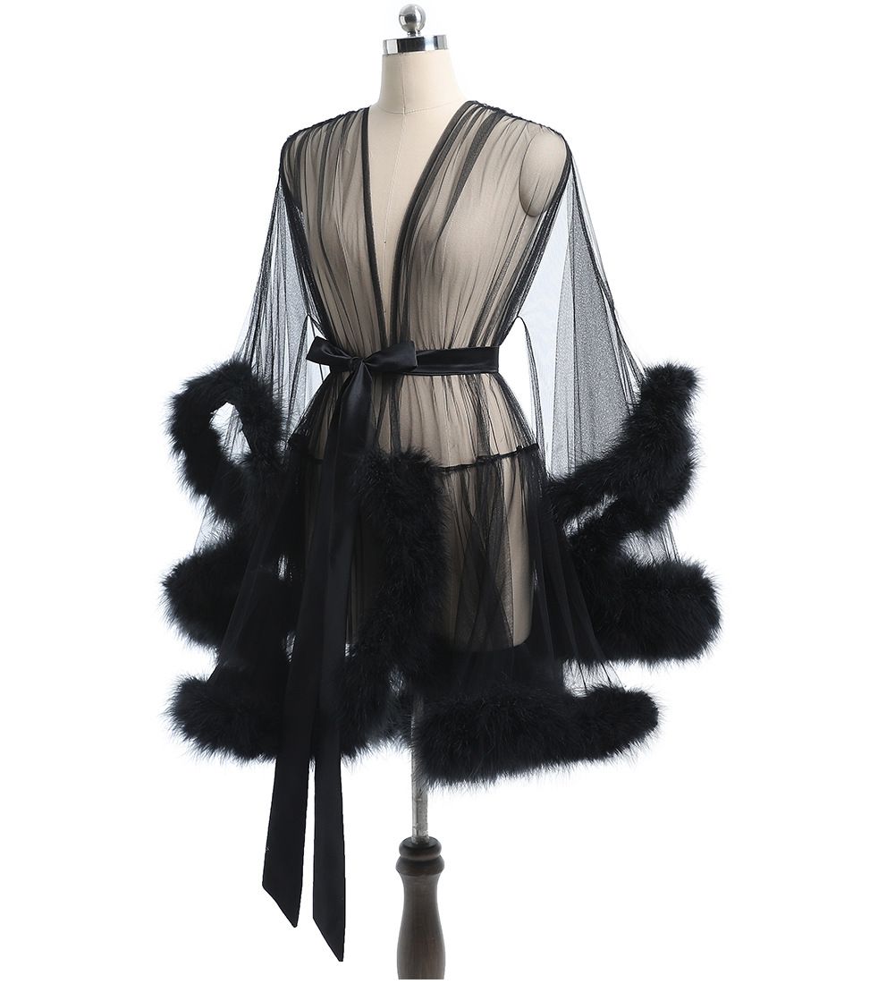 Short Feather Robe Dressing Gown Bridal Boudoir Sheer Tulle Long Sleeve Plush Spliced Thin Lingerie Women Lace Up Erotic Midi Long Sexy Robes