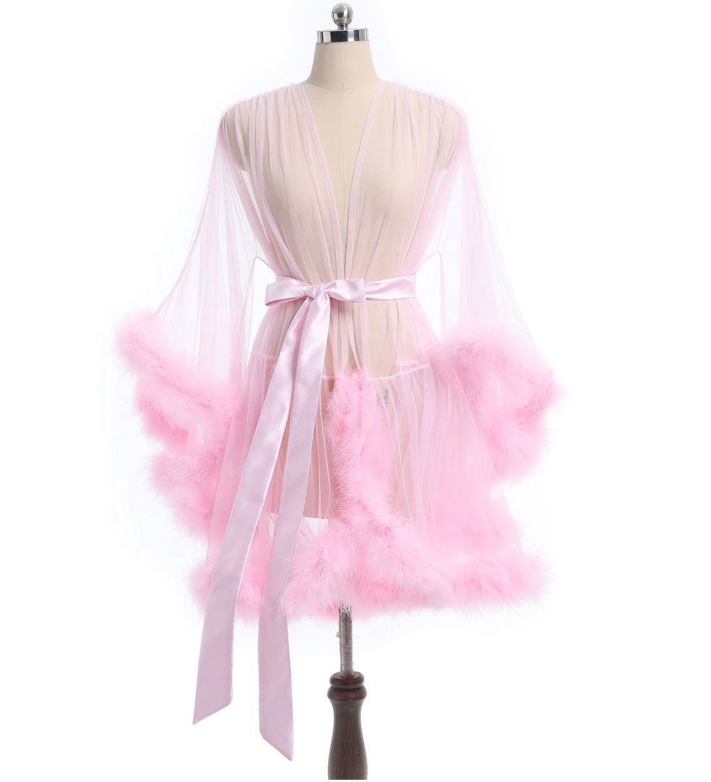 Short Feather Robe Dressing Gown Bridal Boudoir Sheer Tulle Long Sleeve Plush Spliced Thin Lingerie Women Lace Up Erotic Midi Long Sexy Robes