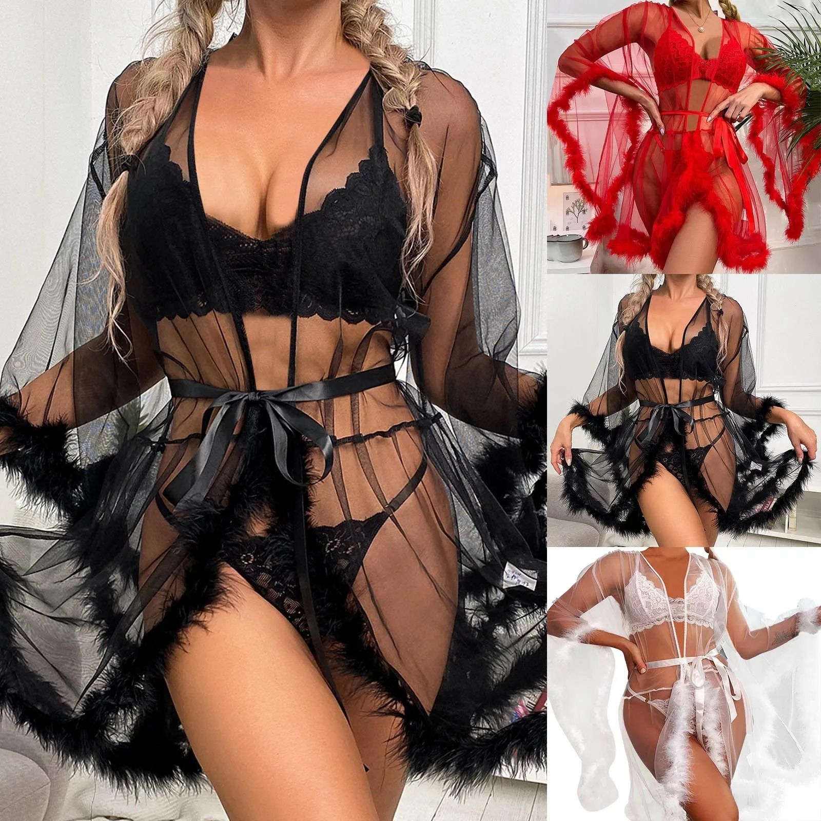 Short Feather Robe Dressing Gown Bridal Boudoir Sheer Tulle Long Sleeve Plush Spliced Thin Lingerie Women Lace Up Erotic Midi Long Sexy Robes