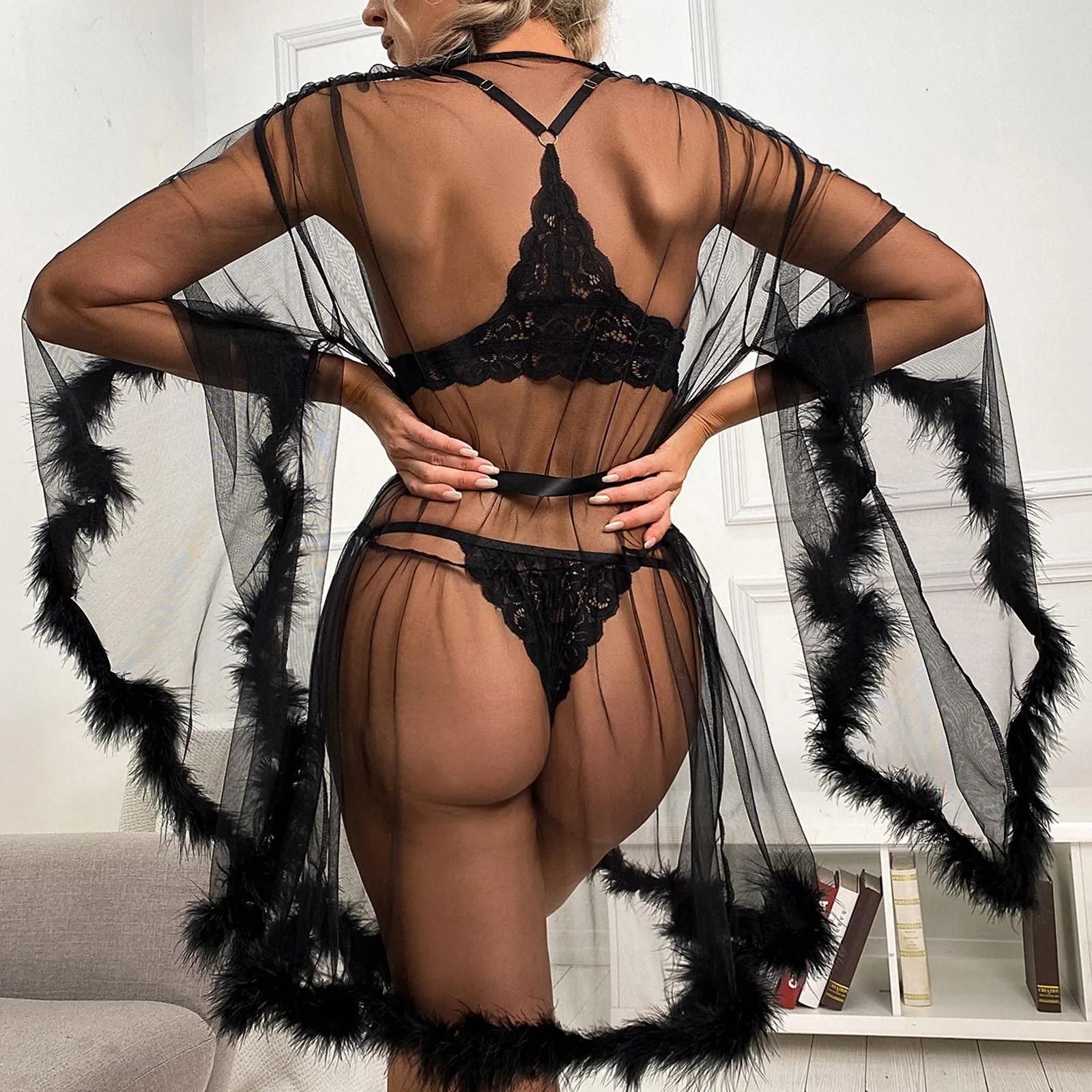 Short Feather Robe Dressing Gown Bridal Boudoir Sheer Tulle Long Sleeve Plush Spliced Thin Lingerie Women Lace Up Erotic Midi Long Sexy Robes