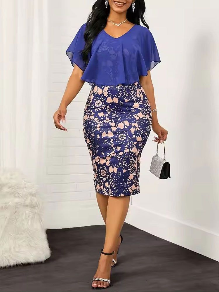 Floral Pattern Contrast Mesh Bodycon Dress Elegant Cape Sleeve Dress Office Lady Dress