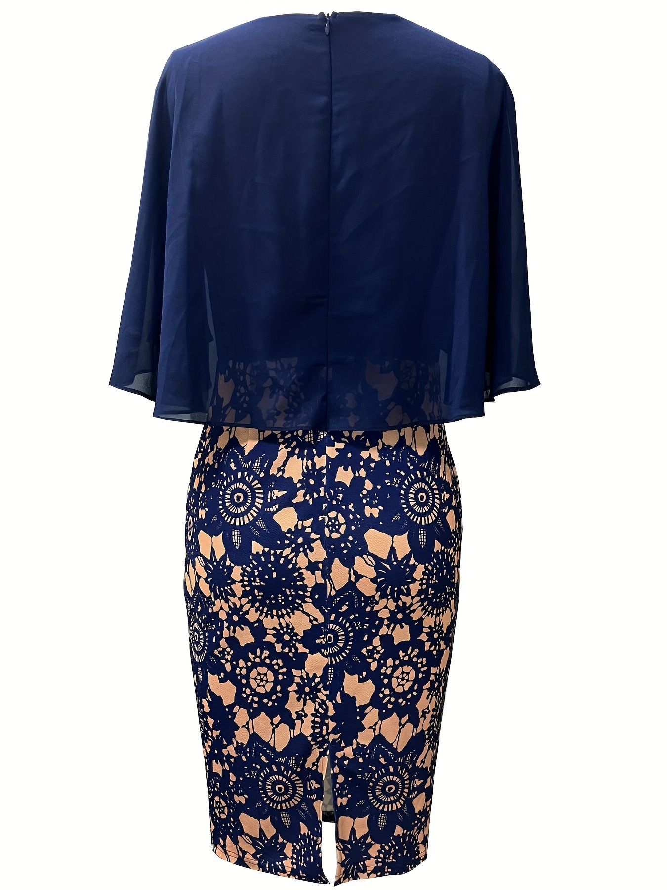 Floral Pattern Contrast Mesh Bodycon Dress Elegant Cape Sleeve Dress Office Lady Dress
