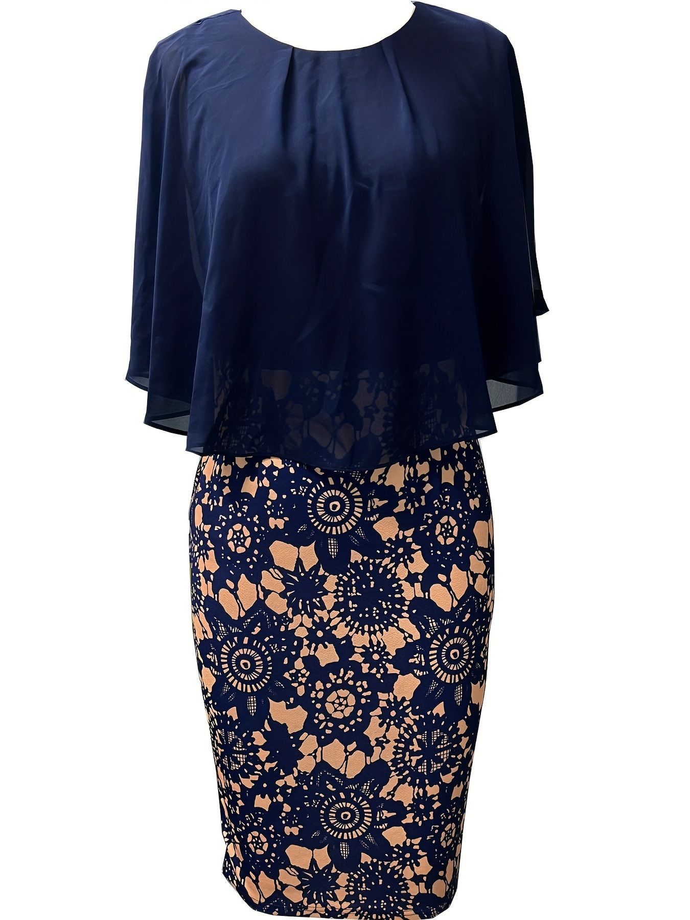 Floral Pattern Contrast Mesh Bodycon Dress Elegant Cape Sleeve Dress Office Lady Dress