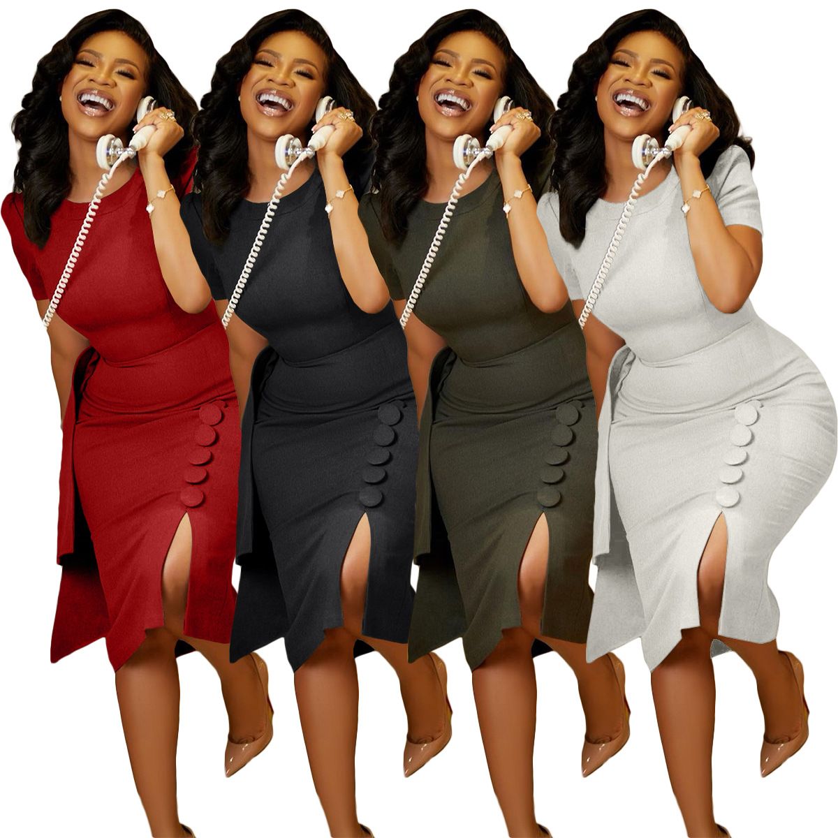 Women's Bodycon Dress Short Sleeves Button Up Slit Side Ruffles Elegant Office Ladies Work Wear Classy Female Vintage Robes