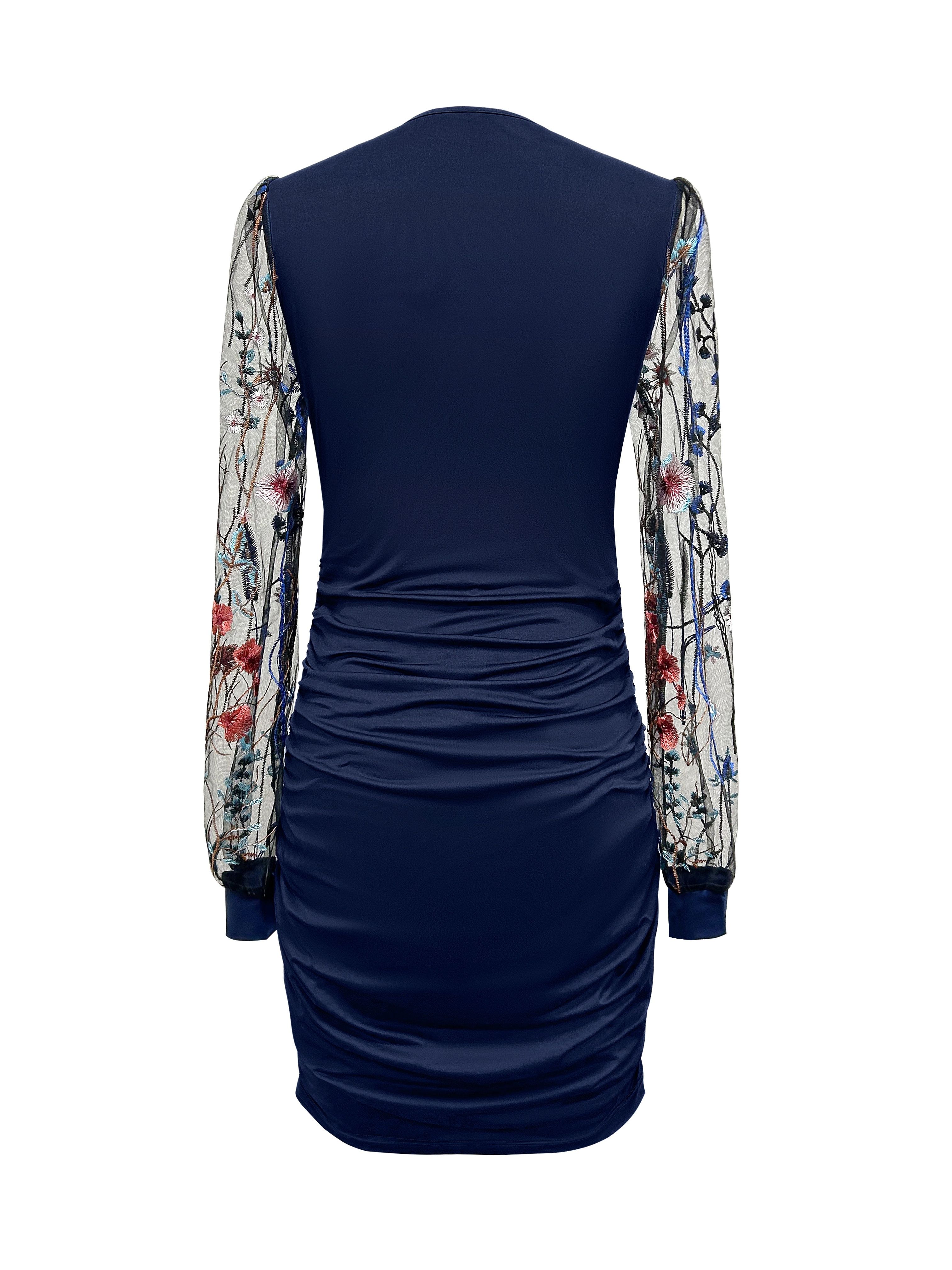 Deep V-neck Bodycon Dress Women Fashion Long Sleeve Print Dresses Autumn Winter Mesh Patchwork Mini Dress Floral  Contrast Mesh Dress