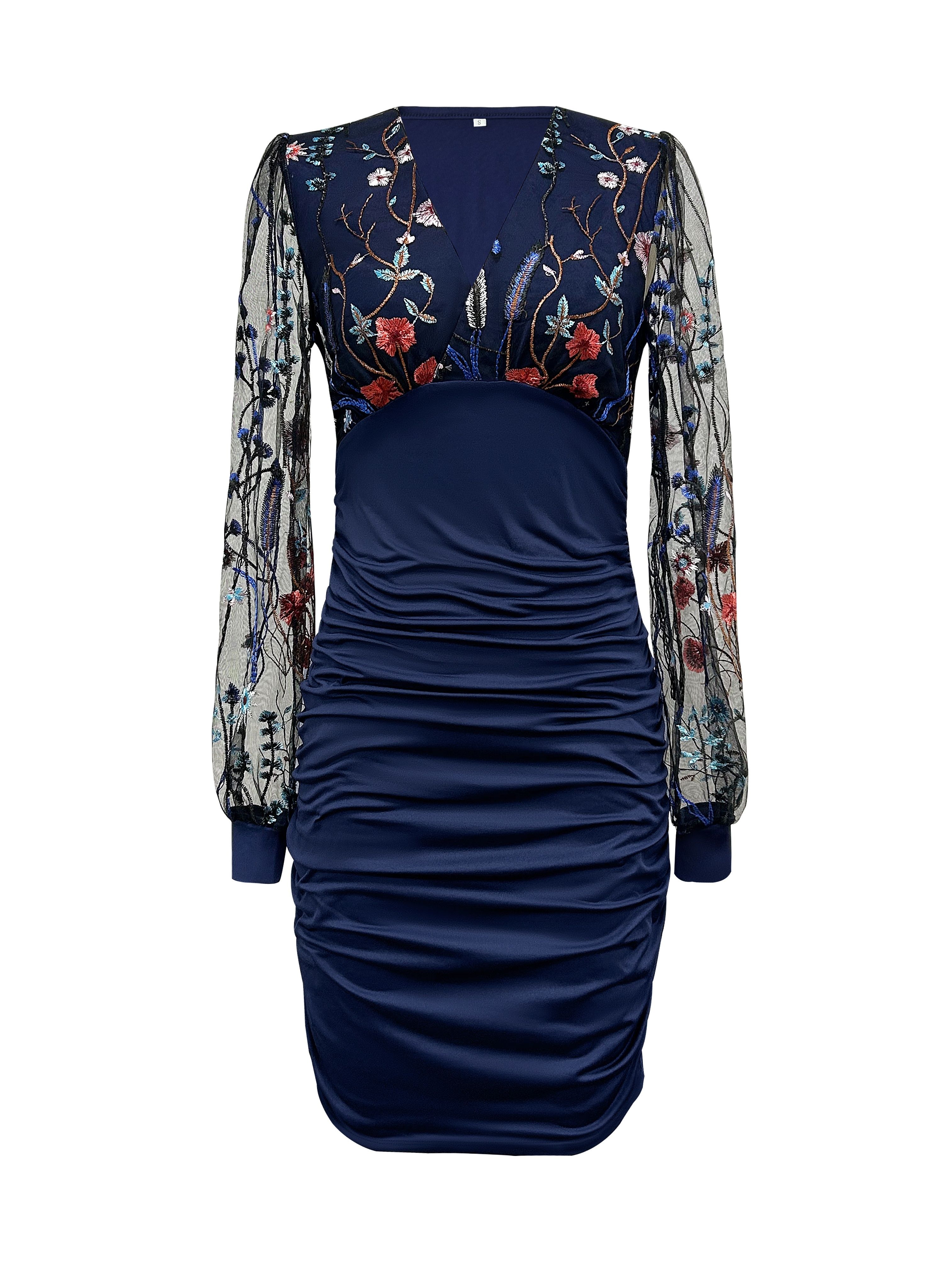 Deep V-neck Bodycon Dress Women Fashion Long Sleeve Print Dresses Autumn Winter Mesh Patchwork Mini Dress Floral  Contrast Mesh Dress