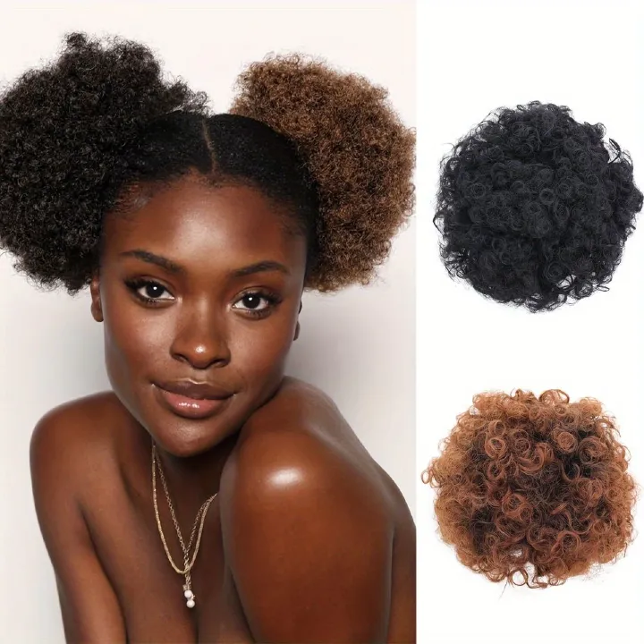 Afro Puff Drawstring Hair Bun Ponytail Short Afro Curly Ponytail Extensions Synthetic Clip In Hair Extensions Natural Looking For Daily Use Kids Wig