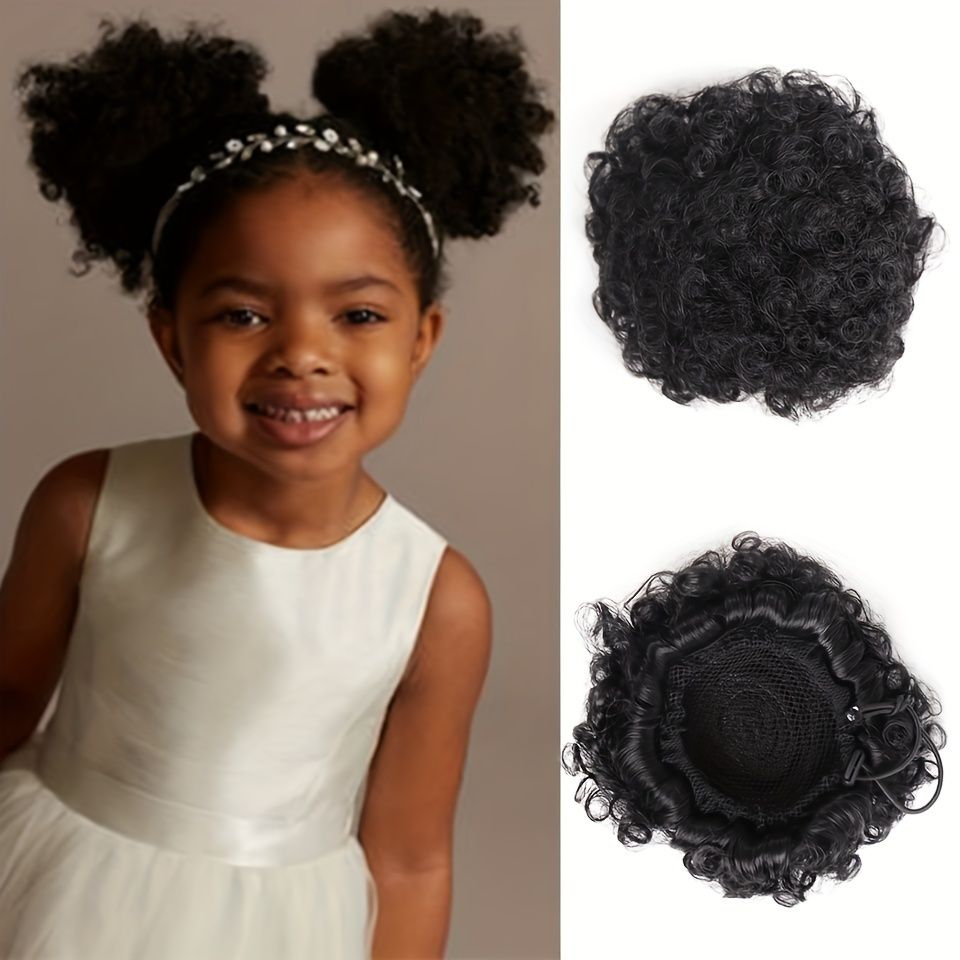 Afro Puff Drawstring Hair Bun Ponytail Short Afro Curly Ponytail Extensions Synthetic Clip In Hair Extensions Natural Looking For Daily Use Kids Wig
