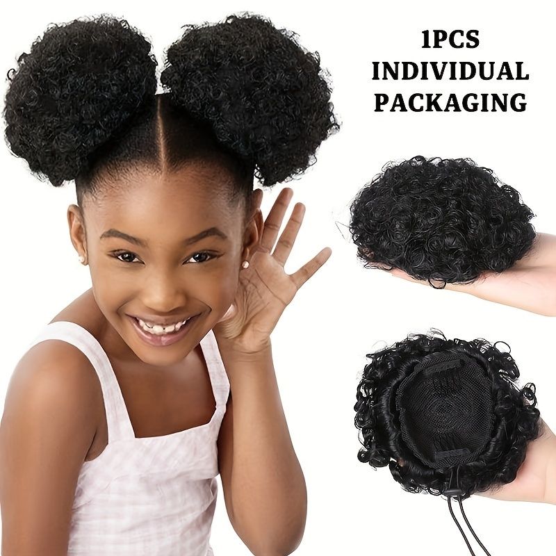 Afro Puff Drawstring Hair Bun Ponytail Short Afro Curly Ponytail Extensions Synthetic Clip In Hair Extensions Natural Looking For Daily Use Kids Wig