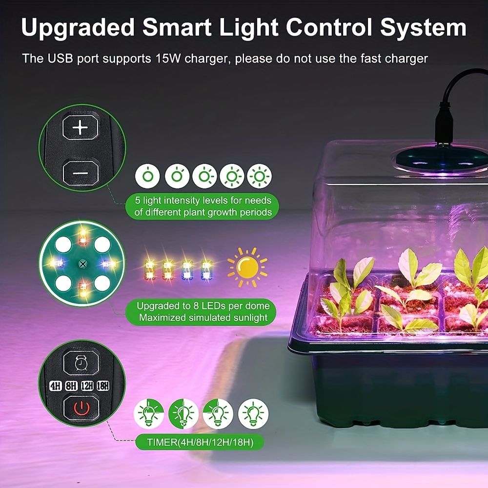 6 Packs Full Spectrum LED Growing Lamp Complete Seed Starting Kit 12 Hole Seedling Starter Trays Full Spectrum Grow Light Time Controller Humidity Dome Dishwasher Safe Trays