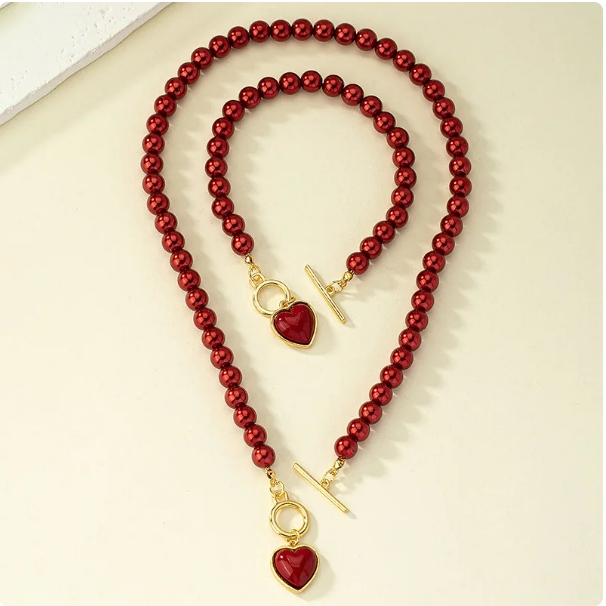 Vintage Faux Pearl OT Buckle Necklace Bracelet Jewelry Set for Women Temperament Heart Pendant Choker Wedding Accessorie Jewelry