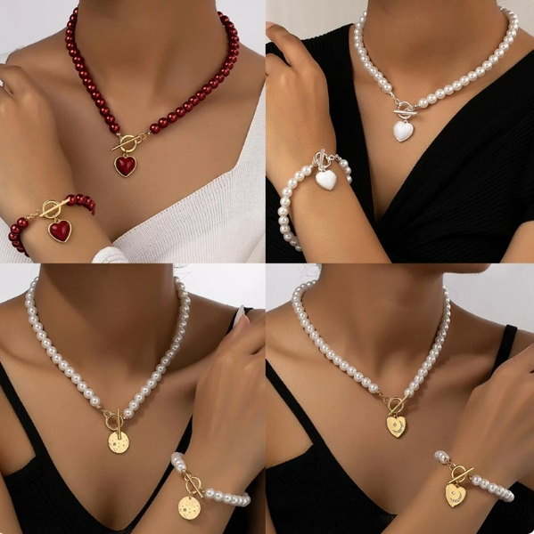 Vintage Faux Pearl OT Buckle Necklace Bracelet Jewelry Set for Women Temperament Heart Pendant Choker Wedding Accessorie Jewelry