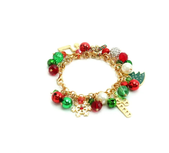 Christmas Crystal Bells Pearl Beaded Bracelet for Women Vintage Aesthetic Charm Santa Claus Tree Snowflake Chain Jewelry Gift