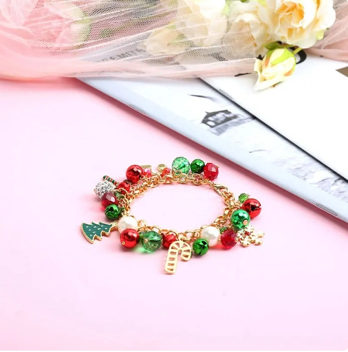Christmas Crystal Bells Pearl Beaded Bracelet for Women Vintage Aesthetic Charm Santa Claus Tree Snowflake Chain Jewelry Gift