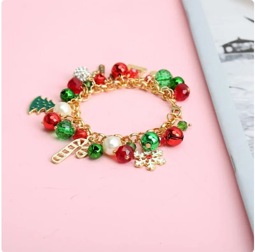 Christmas Crystal Bells Pearl Beaded Bracelet for Women Vintage Aesthetic Charm Santa Claus Tree Snowflake Chain Jewelry Gift