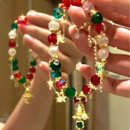 Christmas Crystal Bells Pearl Beaded Bracelet for Women Vintage Aesthetic Charm Santa Claus Tree Snowflake Chain Jewelry Gift