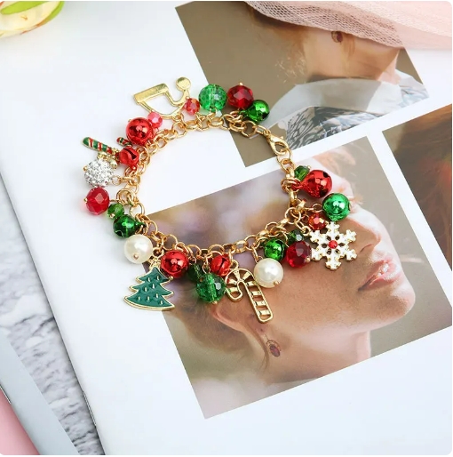 Christmas Crystal Bells Pearl Beaded Bracelet for Women Vintage Aesthetic Charm Santa Claus Tree Snowflake Chain Jewelry Gift