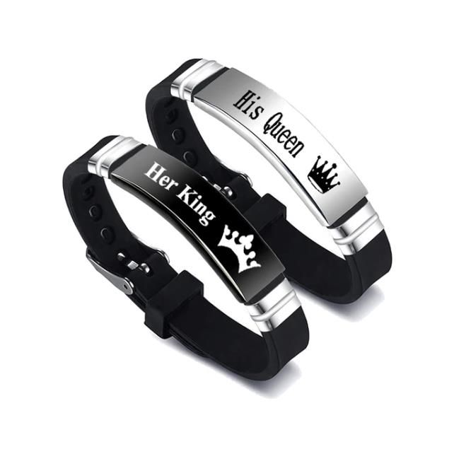 2 Pcs/Set His Queen Her King Couple Bracelet Stainless Steel Adjustable Silicone Strap Bangle Valentine's Day Gift