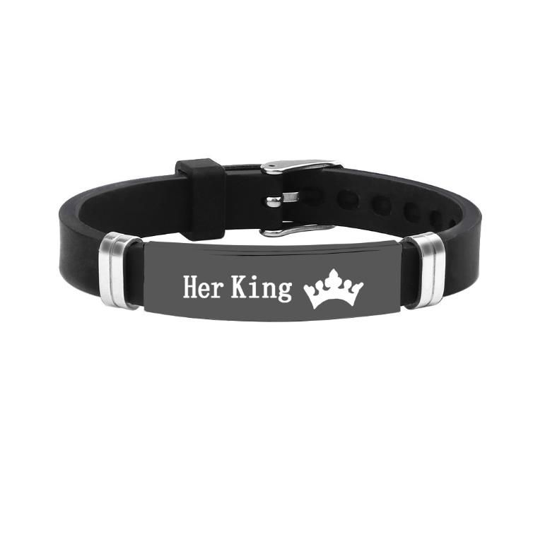 2 Pcs/Set His Queen Her King Couple Bracelet Stainless Steel Adjustable Silicone Strap Bangle Valentine's Day Gift