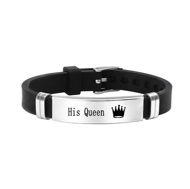 2 Pcs/Set His Queen Her King Couple Bracelet Stainless Steel Adjustable Silicone Strap Bangle Valentine's Day Gift