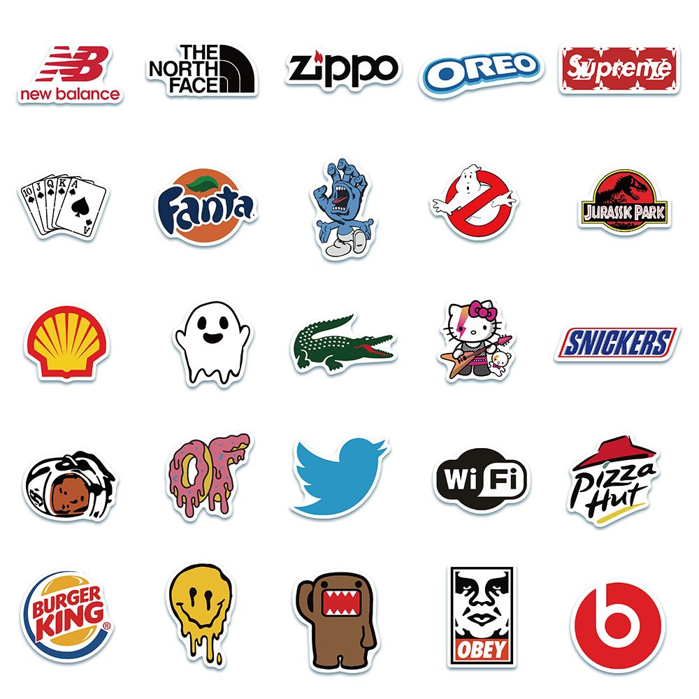 100Pcs Fashion Cool Brand Logo Stickers Aesthetic Motorcycle Phone Car Skateboard Laptop Sticker Decal Classic Kids Toy