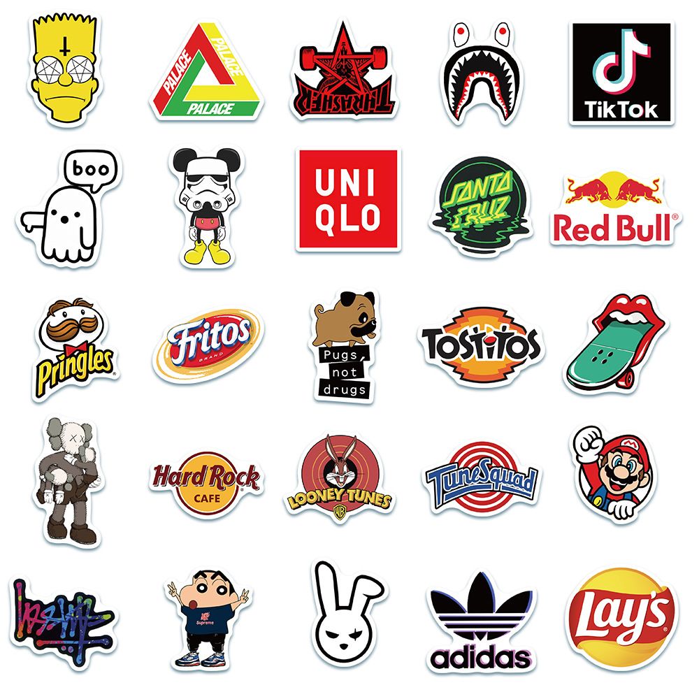 100Pcs Fashion Cool Brand Logo Stickers Aesthetic Motorcycle Phone Car Skateboard Laptop Sticker Decal Classic Kids Toy