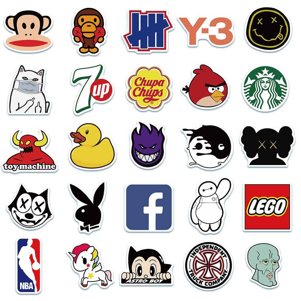 100Pcs Fashion Cool Brand Logo Stickers Aesthetic Motorcycle Phone Car Skateboard Laptop Sticker Decal Classic Kids Toy
