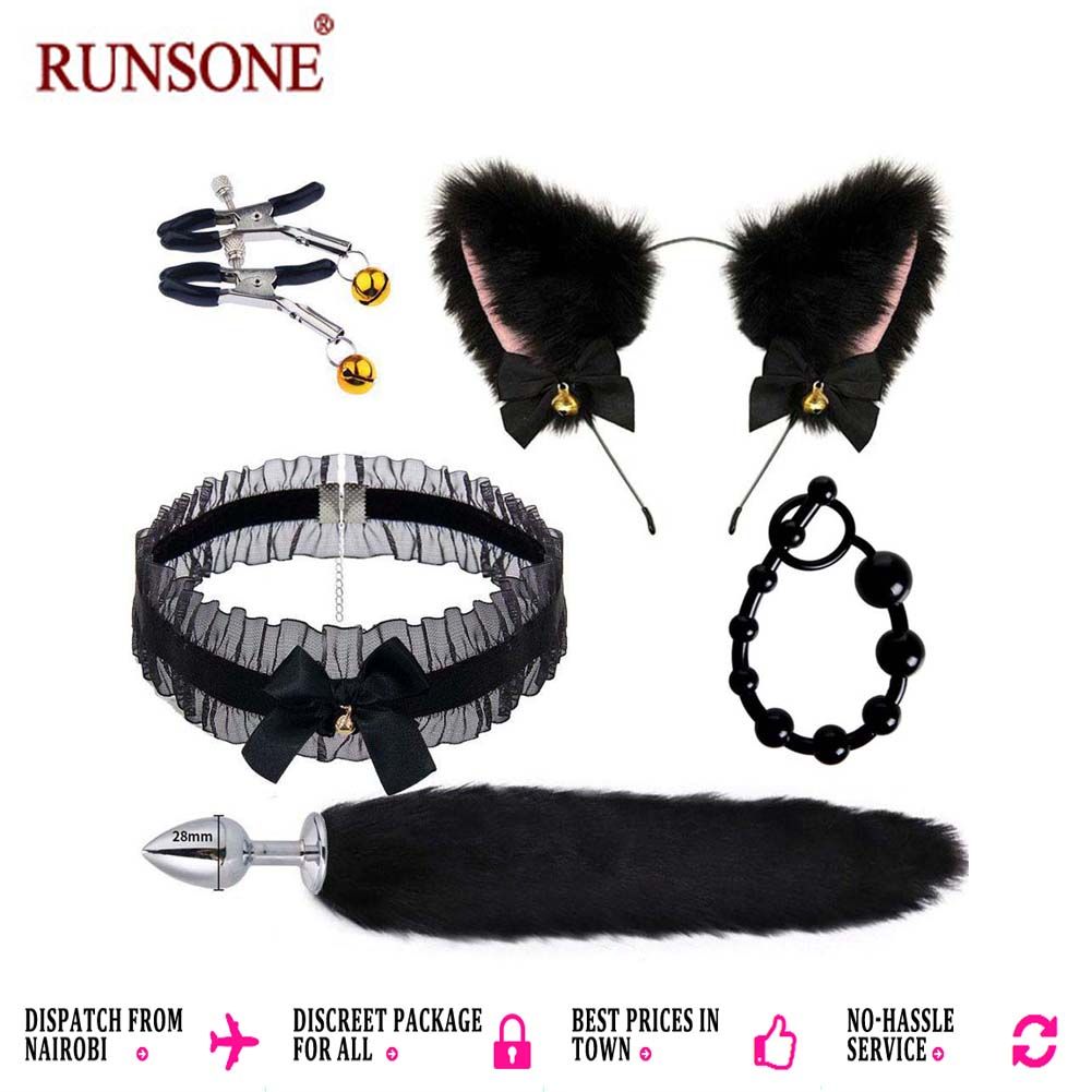 5pcs Set Anal Plug Butt Beads Fox Tail Plush Cat Ears Headband Nipples Clips Cosplay Fancy Dress Up BDSM Fetishwear Costume Bondage Gear Adult Sex Toy for Role Game Play