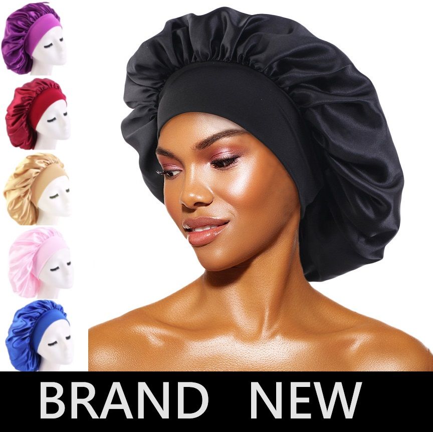 Satin Headscarf Hat Sleeping Bonnet Curly Hair Wrap Silk Cap Fashion Wide Soft Elastic Springy Band Head Scarf Headwear Pure Color Night Sleep Hat Nightcap Head Cover