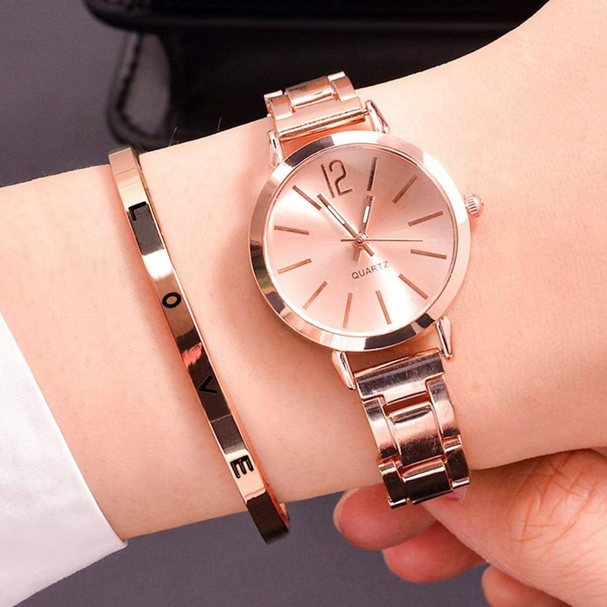 Stainless Steel Women Quartz Watches Bracelet Set For Ladies Lady Watch Wristwatches Female Watches Wrist Watch With Bangle Valentine's Day Christmas Birthday Gifts Rose Gold